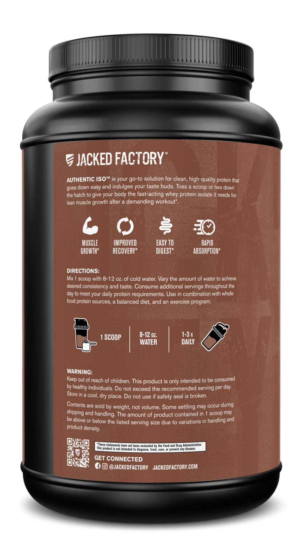 Jacked Factory Authentic ISO Whey Chocolate tub front features bold branding
