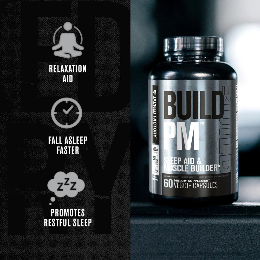 Jacked Factory Build PM melatonin capsules illustrate bedtime support for deeper sleep cycles.