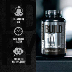 Jacked Factory Build PM melatonin capsules illustrate bedtime support for deeper sleep cycles.