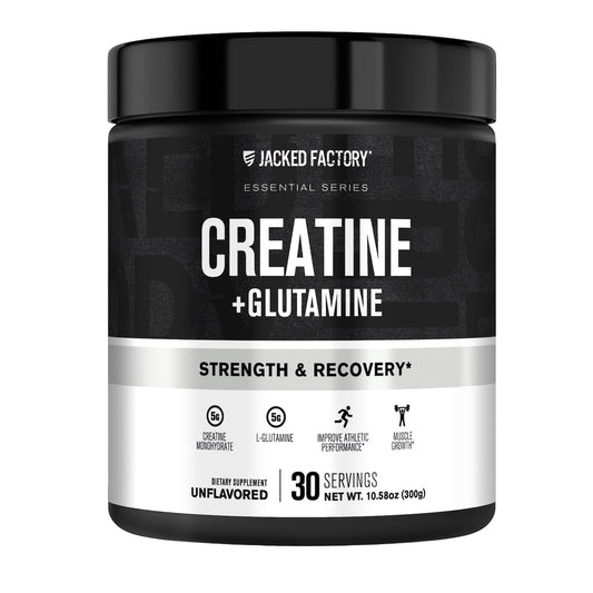Jacked Factory Creatine Glutamine bottle on shelf highlighting recovery support