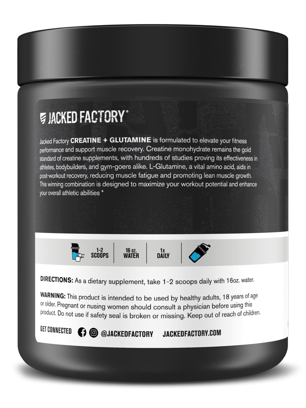 Jacked Factory Creatine + Glutamine open tub with serving scoop