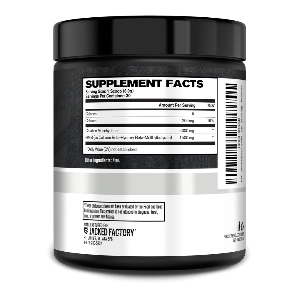 Jacked Factory Creatine HMB powder container on gym bench