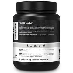 Jacked Factory Creatine Monohydrate powder vegan-friendly packaging emphasizes plant-based ingredients.