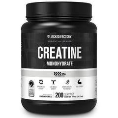 Jacked Factory Creatine Monohydrate powder bottle shows purity for reliable workouts.