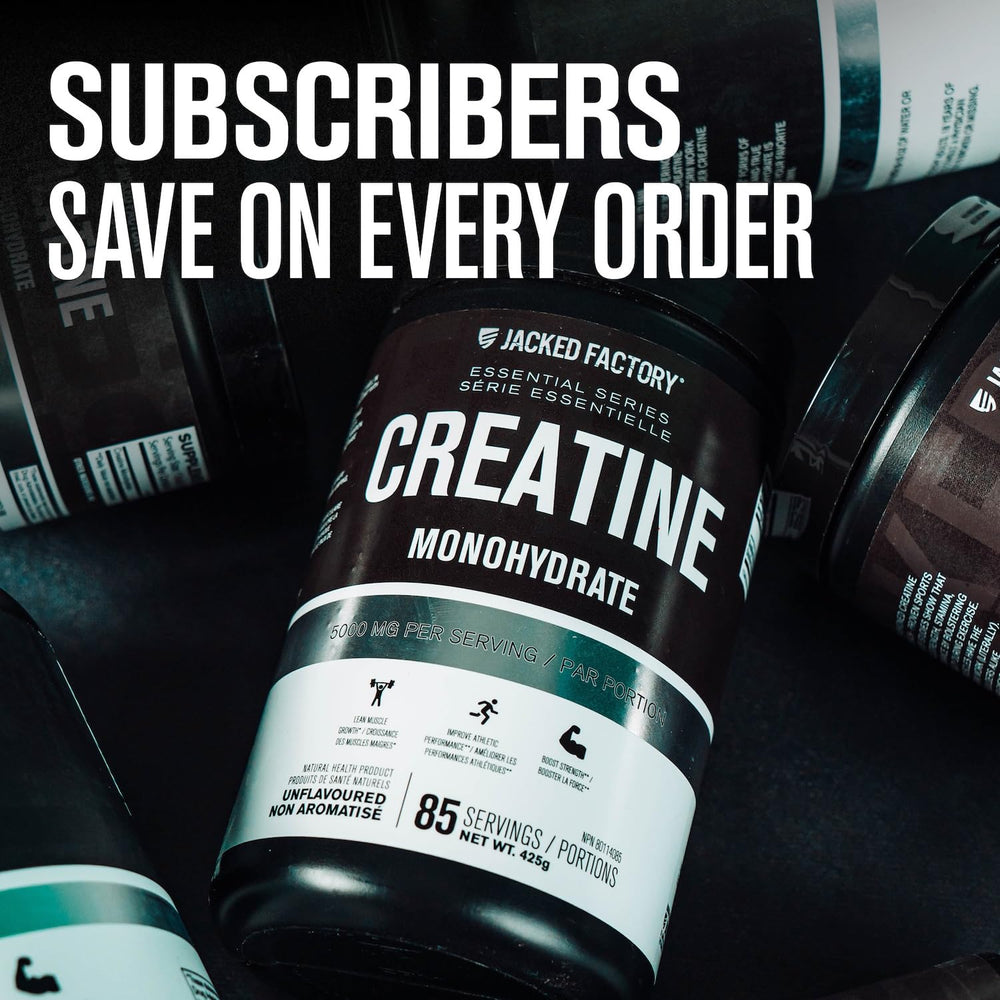 Jacked Factory Creatine Monohydrate powder with measuring scoop ready for daily use.