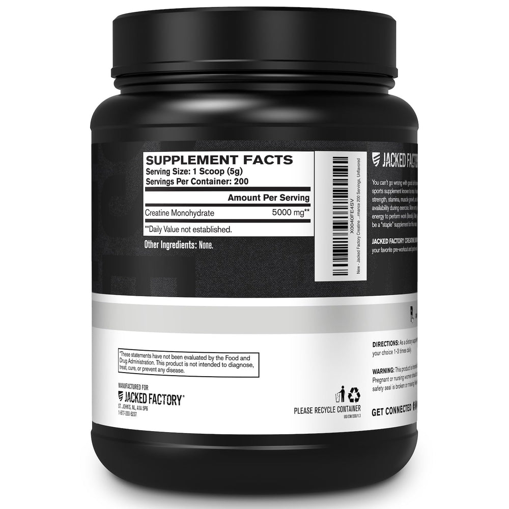 Jacked Factory Creatine Monohydrate bottle on gym bench signals performance support.