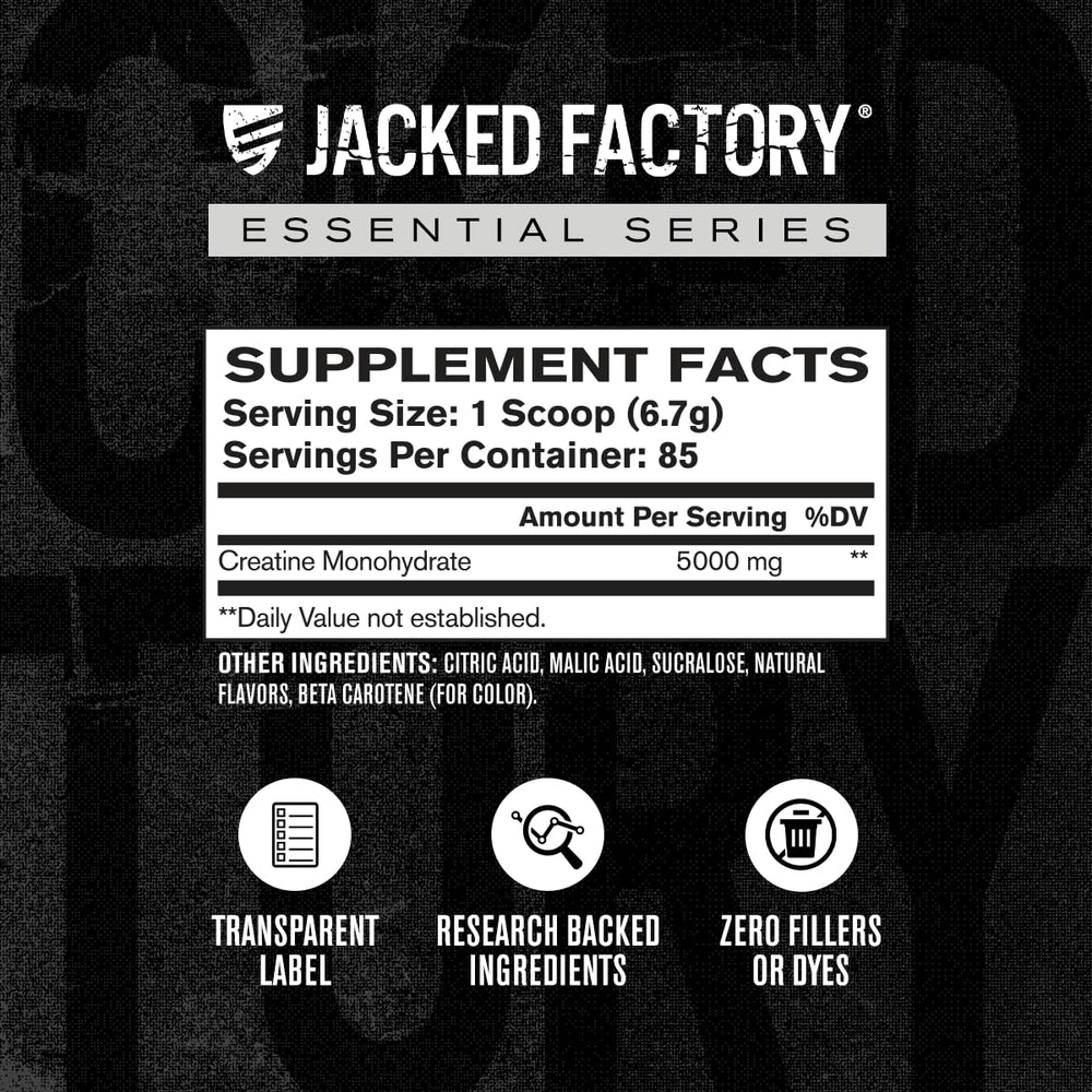 Jacked Factory Creatine Monohydrate tub back label lists ingredients and certs.