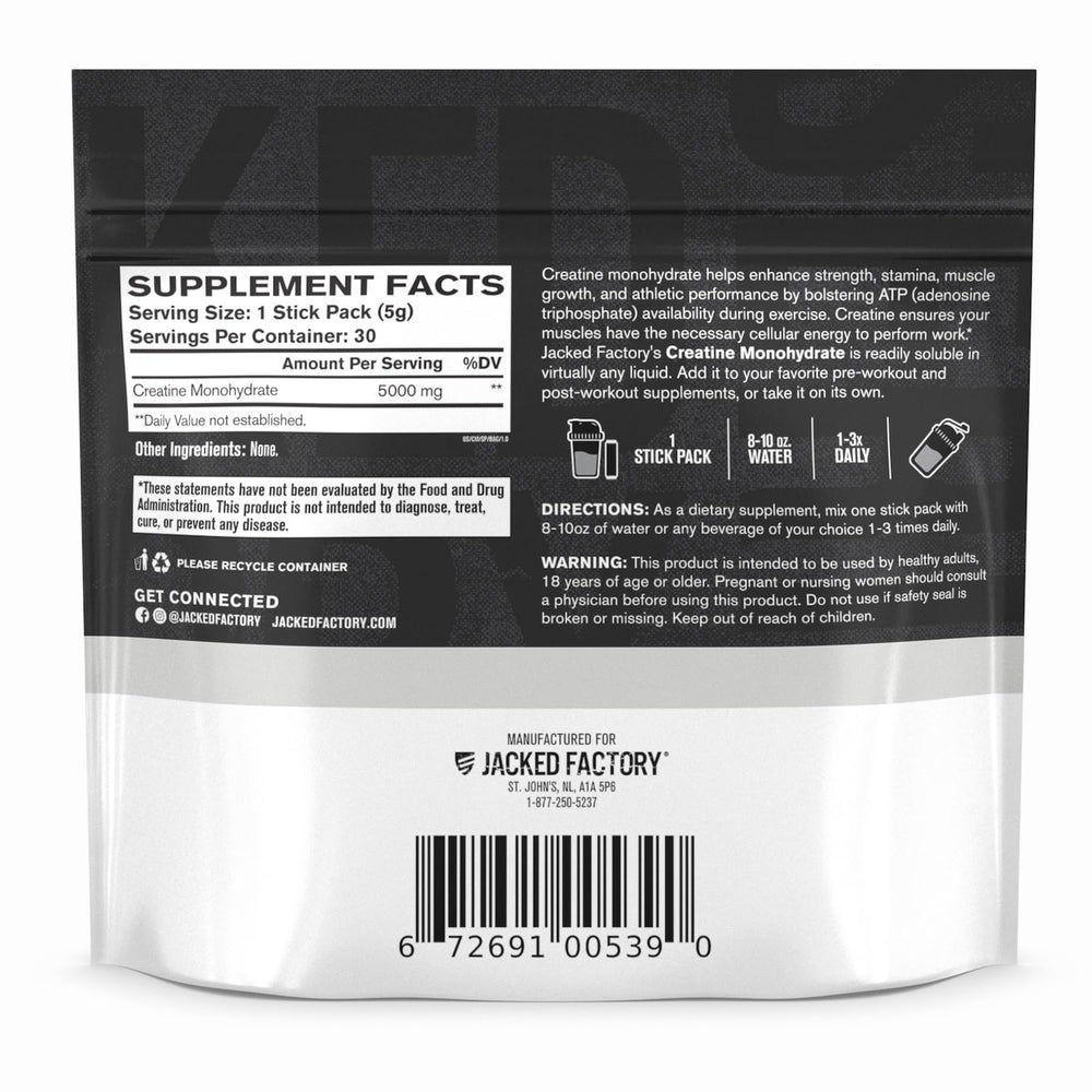 Jacked Factory Creatine stick pack 30 servings box for consistent daily routine.