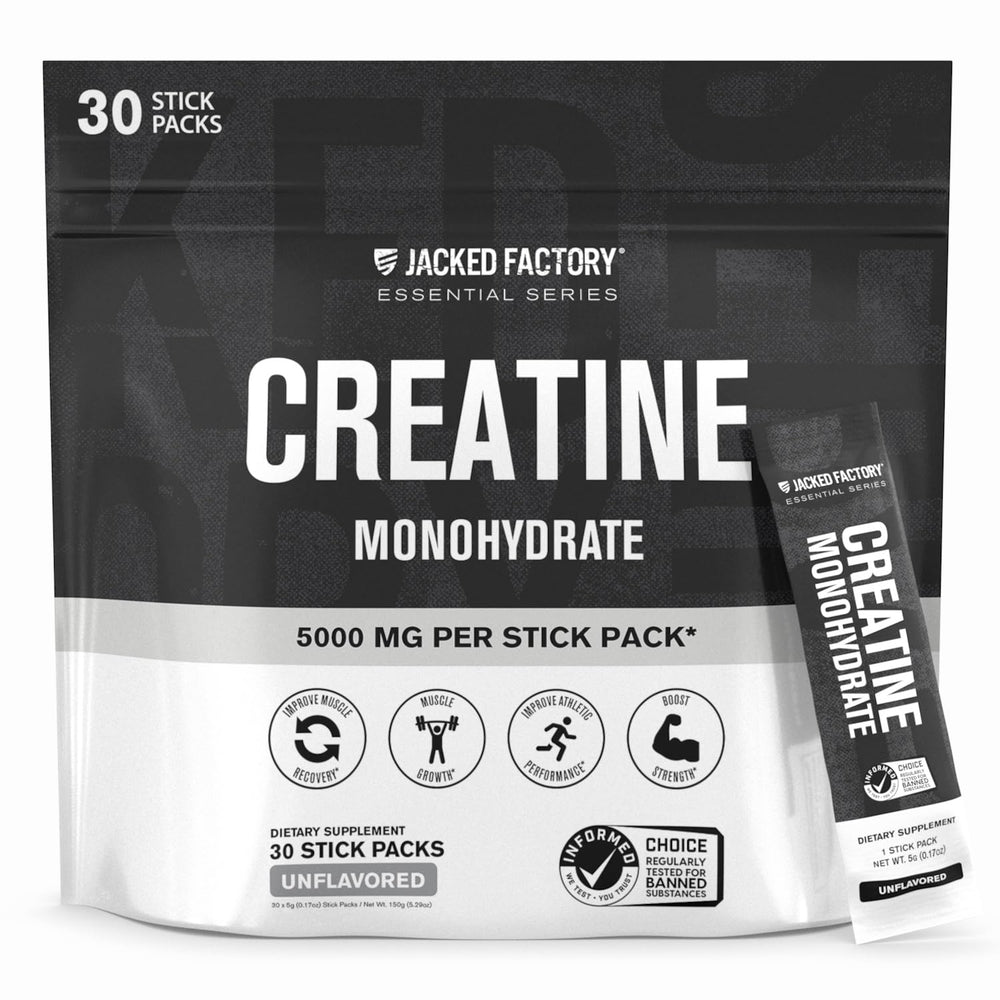 Jacked Factory Creatine stick pack box front, ready to support workouts and energy.