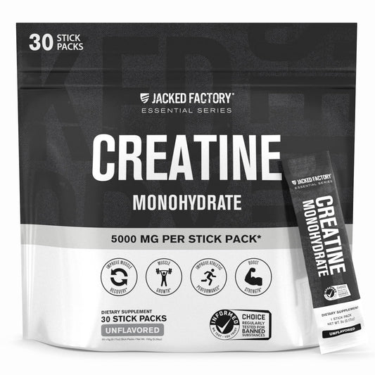 Jacked Factory Creatine stick pack box front, ready to support workouts and energy.
