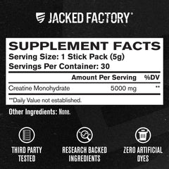 Jacked Factory Creatine stick pack unflavored design for versatile stacking at home.