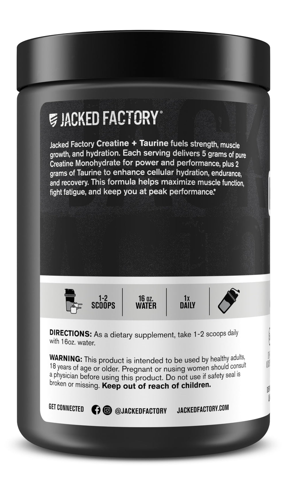 Jacked Factory Creatine + Taurine closeup powder, premium mixability.