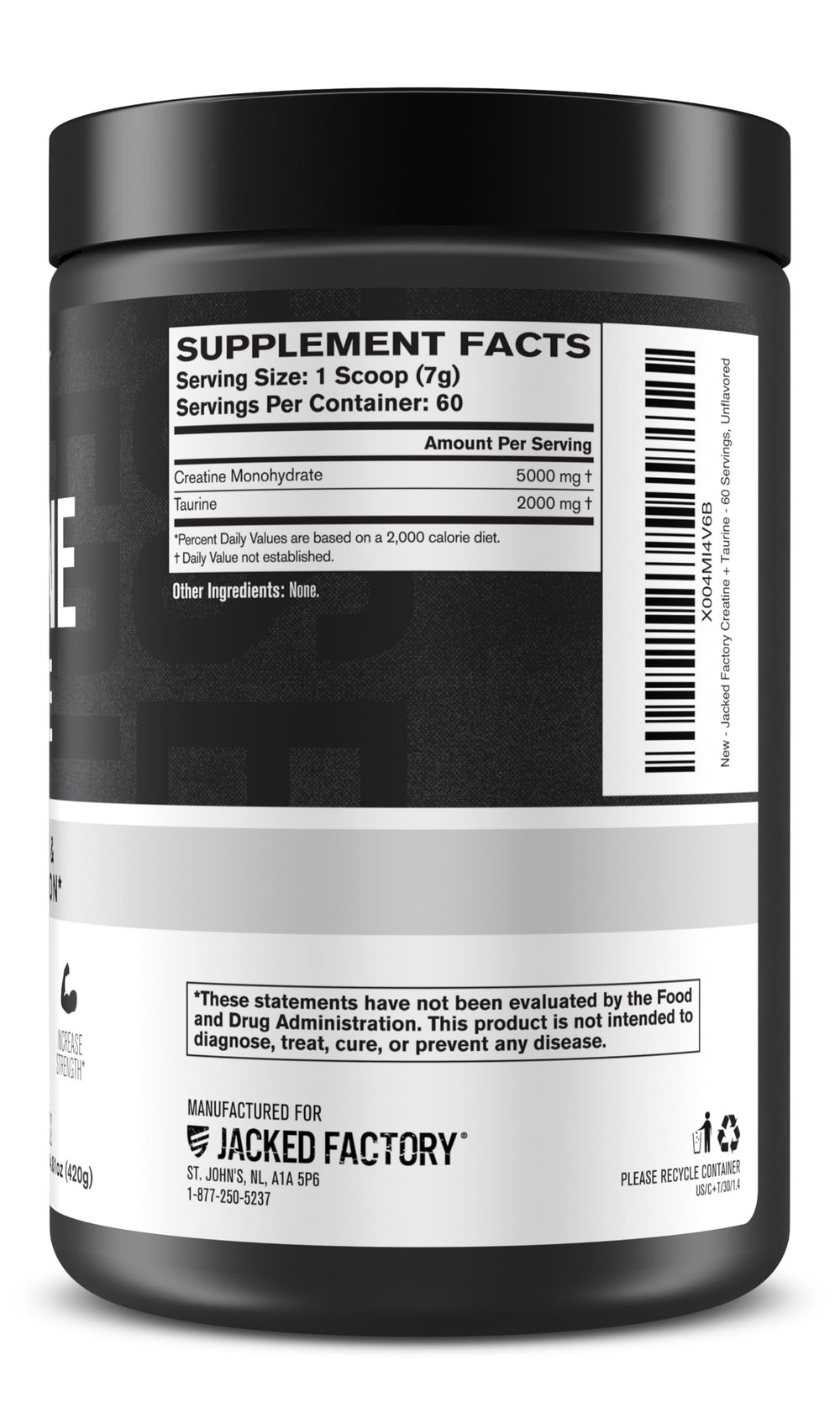 Jacked Factory Creatine + Taurine tub on shelf, convenient daily storage.