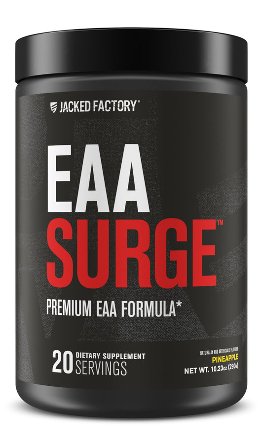 Jacked Factory EAA Surge pineapple bottle label highlighting intra-workout formula