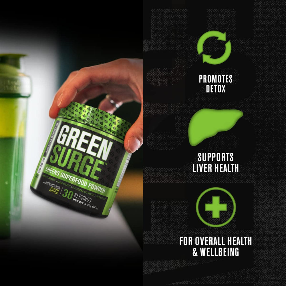 Jacked Factory Green Surge daily shake glass illustrates a refreshing antioxidant greens drink