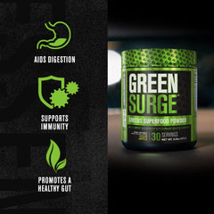 Jacked Factory Green Surge label detail highlights organic ingredients and probiotic blend