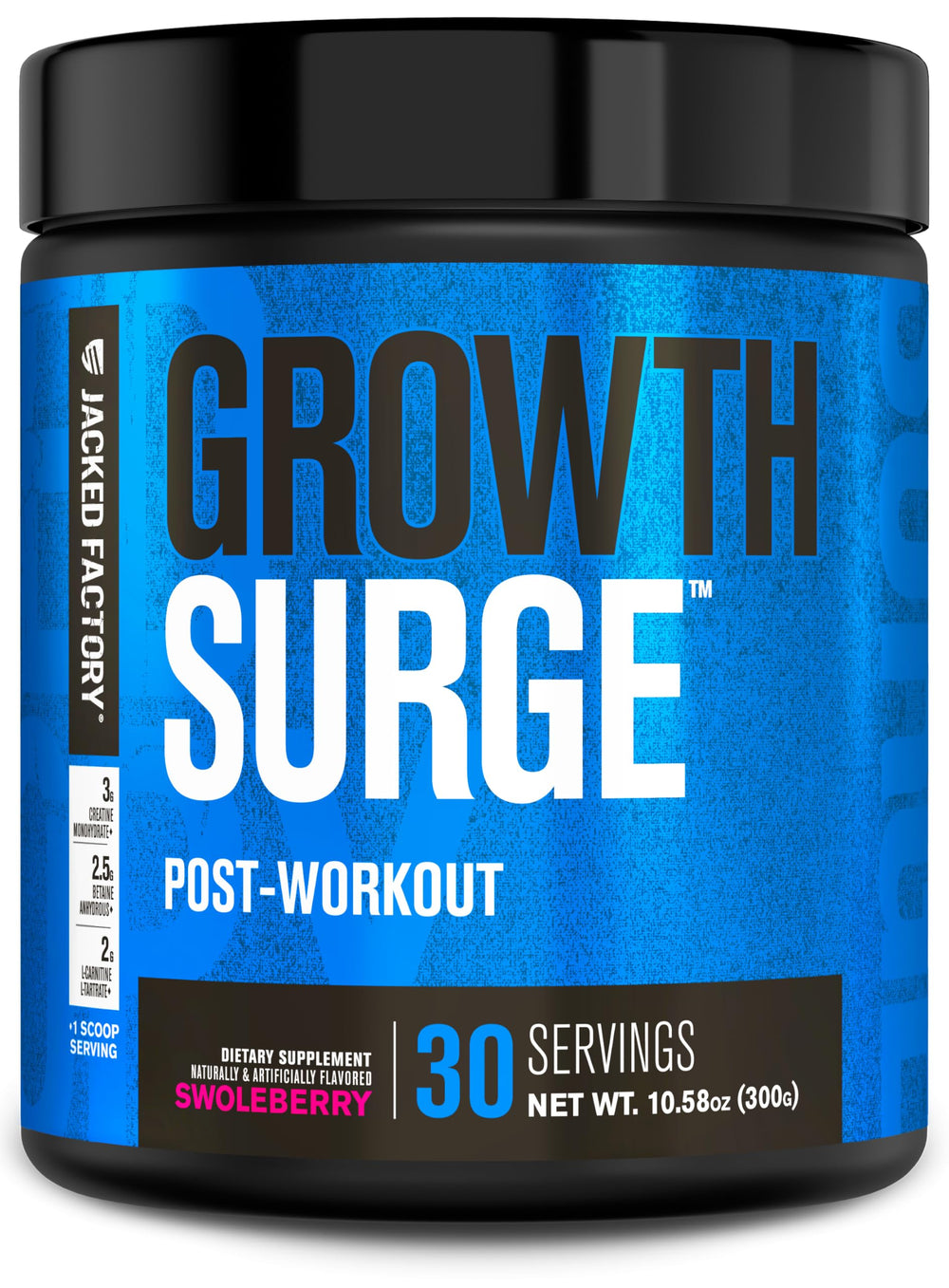 Jacked Factory Growth Surge post-workout tub with scoop for lean muscle support