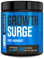 Jacked Factory Growth Surge powder with scoop signaling post-workout support