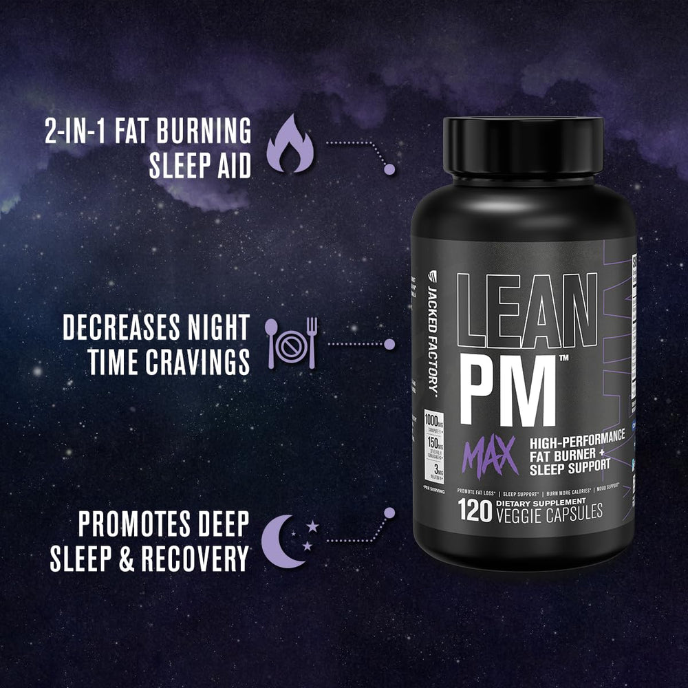 Jacked Factory Lean PM Max label highlighting melatonin and magnesium for sleep support.