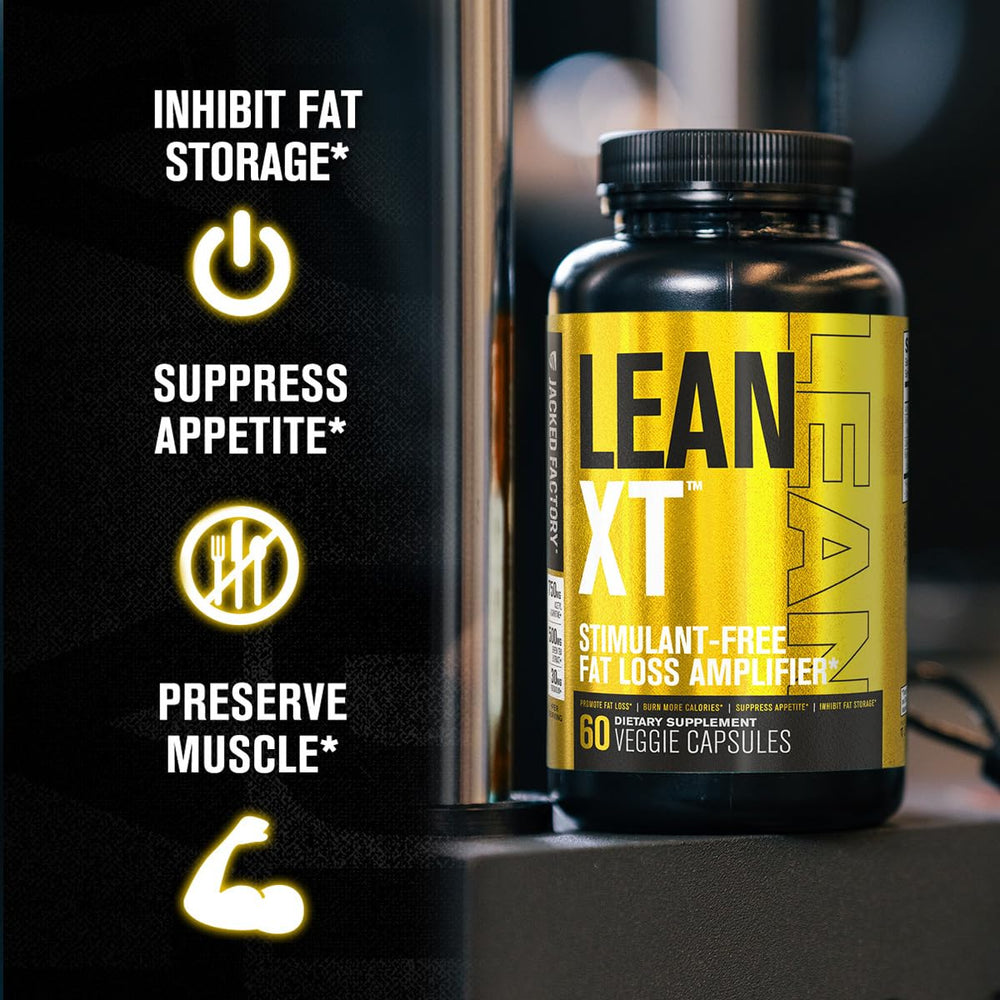 Jacked Factory Lean-XT bottle side view with keto-friendly, stimulant-free claims.