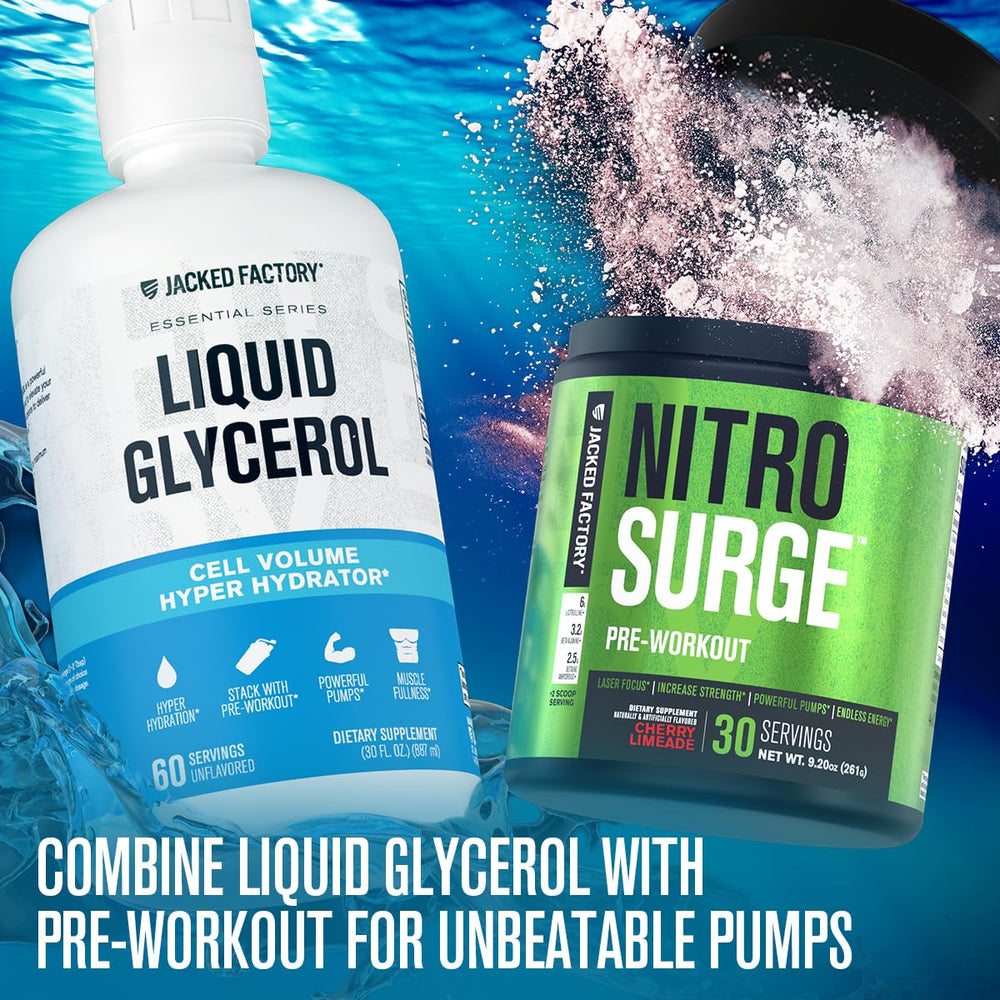 Jacked Factory Liquid Glycerol bottle beside flexed arm emphasizes potential muscle pumps