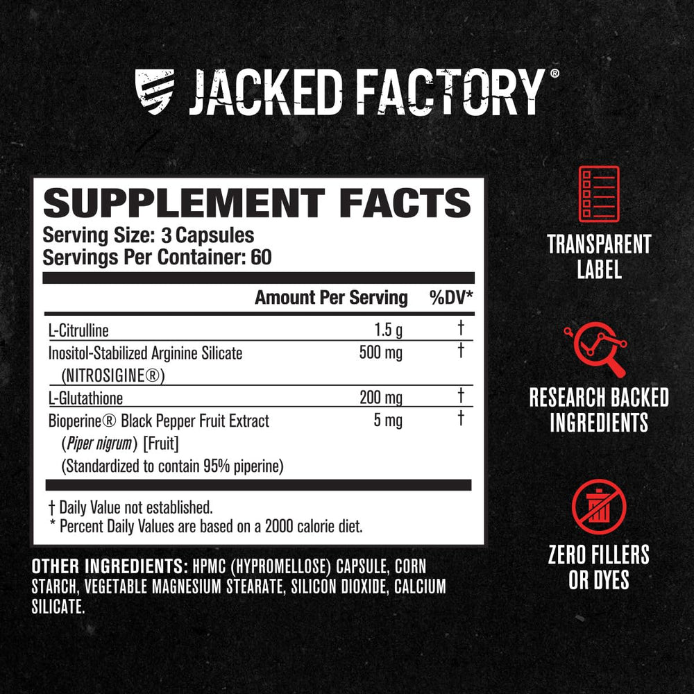 Ingredients visualization featuring L-Arginine, L-Citrulline, and Bioperine for absorption.