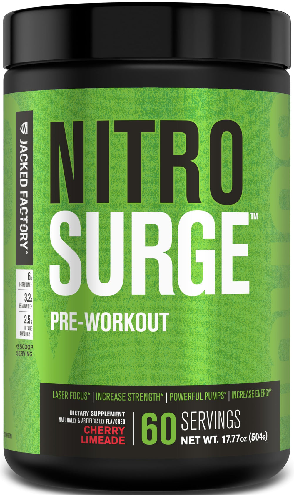 Jacked Factory Nitrosurge bottle front signals ready-to-workout energy.