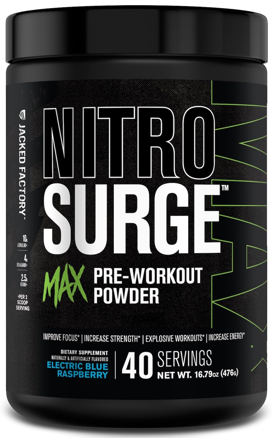 Jacked Factory Nitrosurge Max electric blue raspberry bottle, ready for a focused pre-workout session.