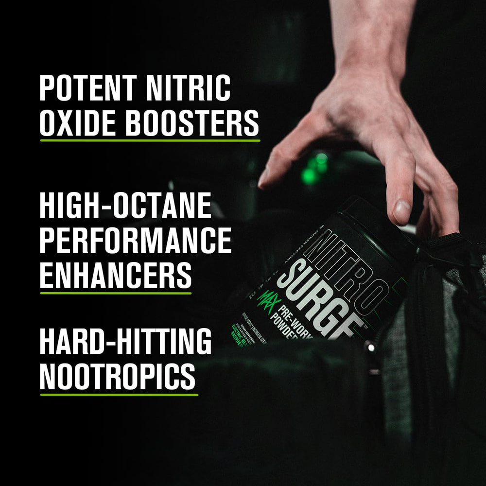 Nitrosurge Max label close-up highlighting the high-dose formula for performance-minded athletes.