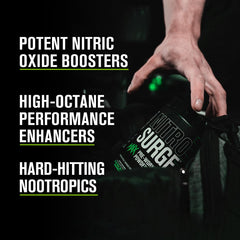 Nitrosurge Max label close-up highlighting the high-dose formula for performance-minded athletes.