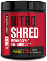 Jacked Factory Nitrosurge Shred can in Blueberry Lemonade boosts energy for workouts