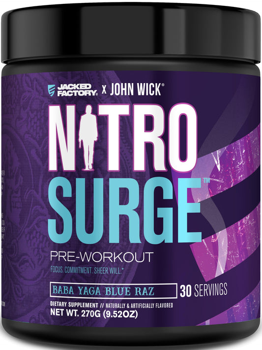Jacked Factory X John Wick Nitrosurge Wick bottle front boosts energy for workouts.