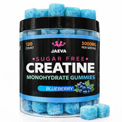 Jaeva creatine gummies blueberry bottle—sugar-free fitness support for daily workouts.