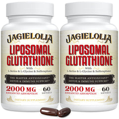 Jagielolia Liposomal Glutathione bottle close-up, premium antioxidant formula for daily support.