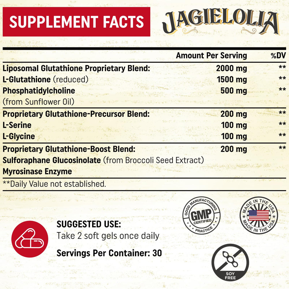 Jagielolia Liposomal Glutathione softgels pack, convenient daily supplement routine.