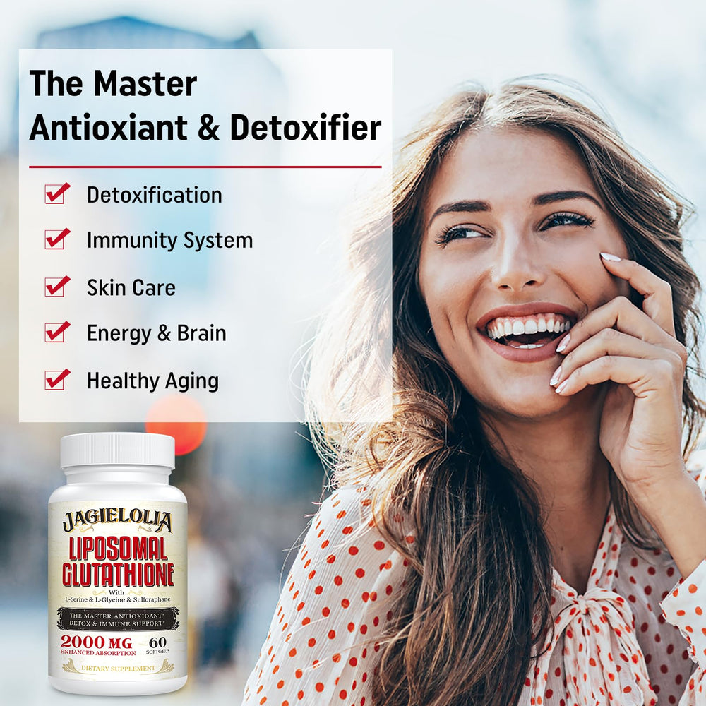Jagielolia Liposomal Glutathione sulforaphane component highlights cellular support potential.
