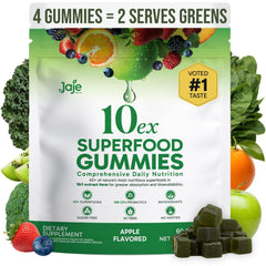Jaje Health 10ex Supergreens Gummies bottle showing probiotic formula for daily nutrition