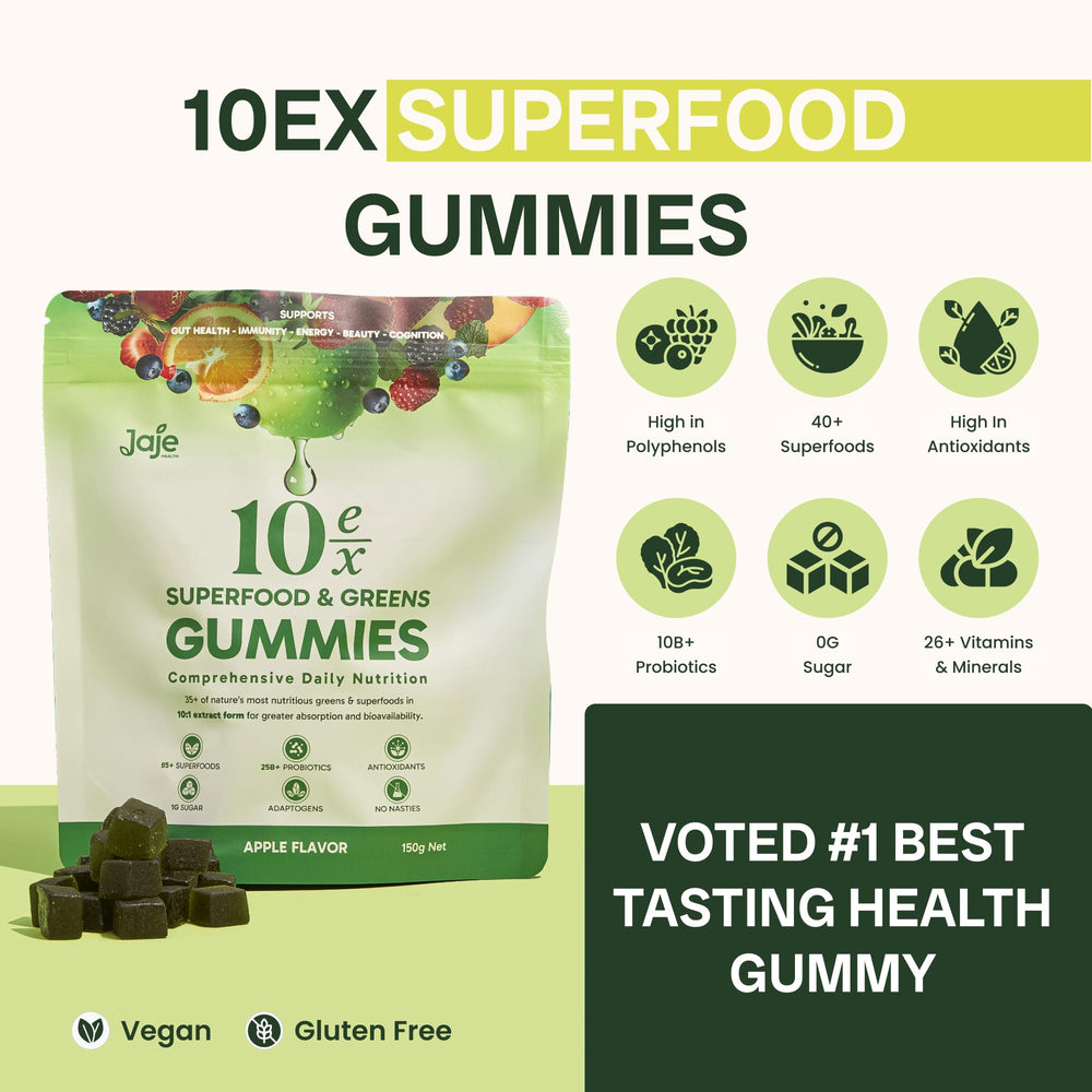Jaje Health 10ex Supergreens Gummies label close-up shows 40+ superfoods