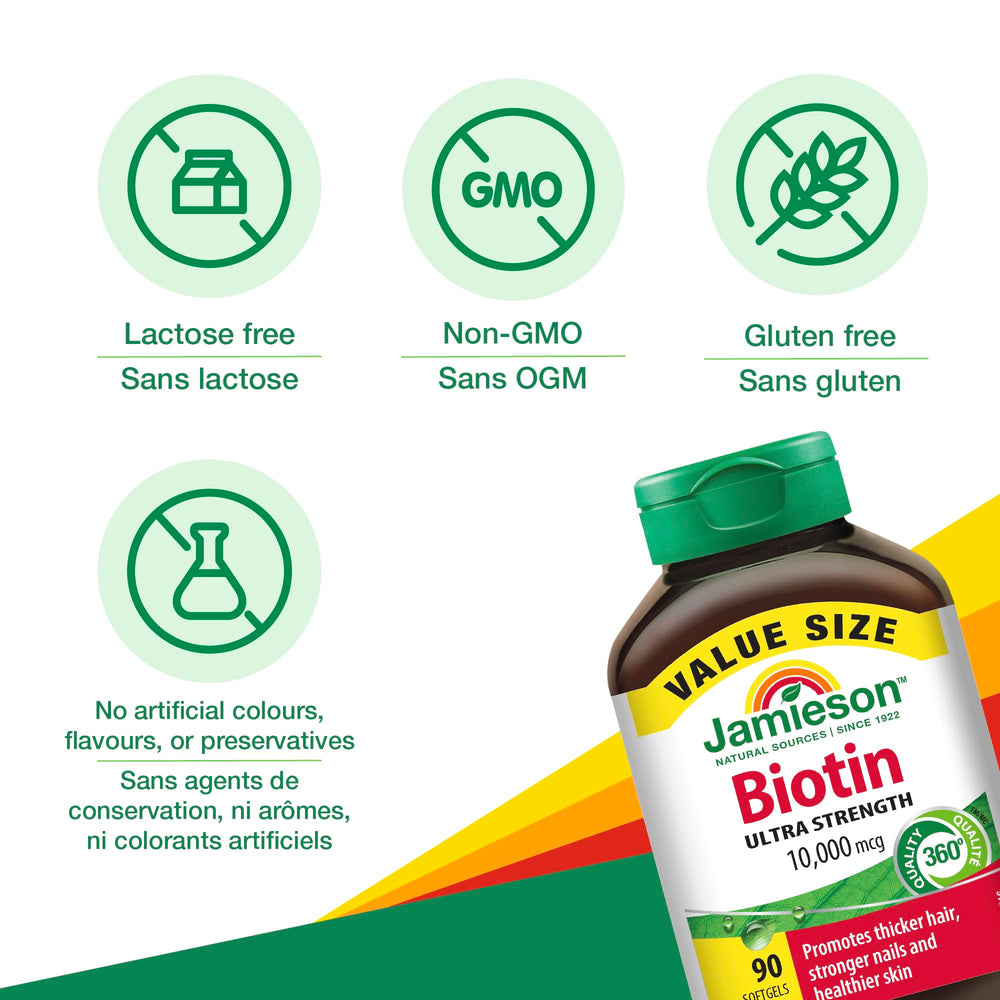 Jamieson Biotin 10,000 mcg softgel with focus on hair, skin, nails