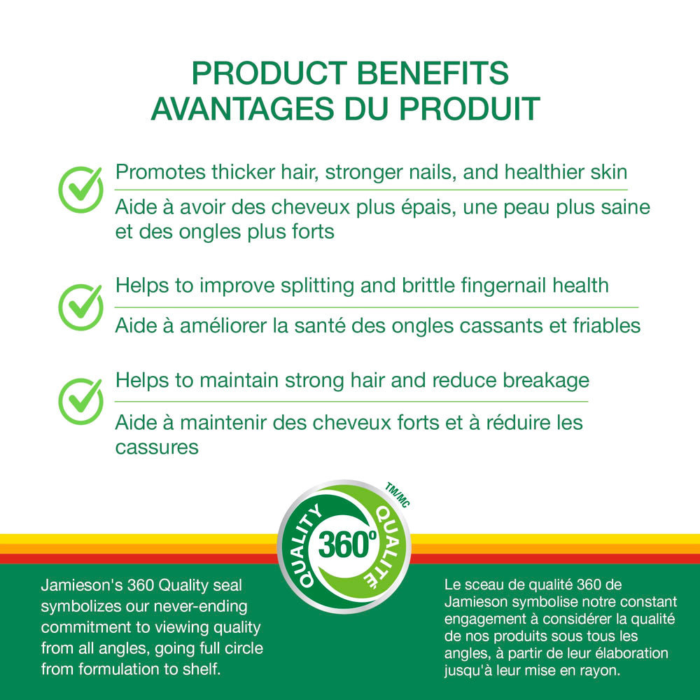 Jamieson Biotin 10,000 mcg bottle label highlighting ultra strength