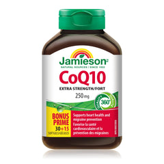 Jamieson CoQ10 250 mg softgels bottle front showing antioxidant and energy support.