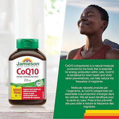 Jamieson CoQ10 250 mg softgels with glass of water emphasizes easy intake.