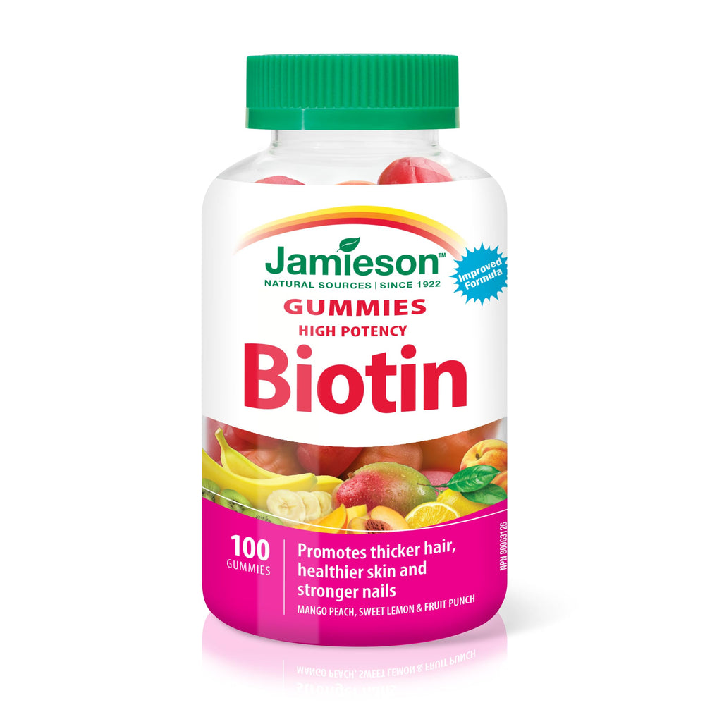 Jamieson High Potency Biotin Gummies bottle label highlights 2,500 mcg per serving.