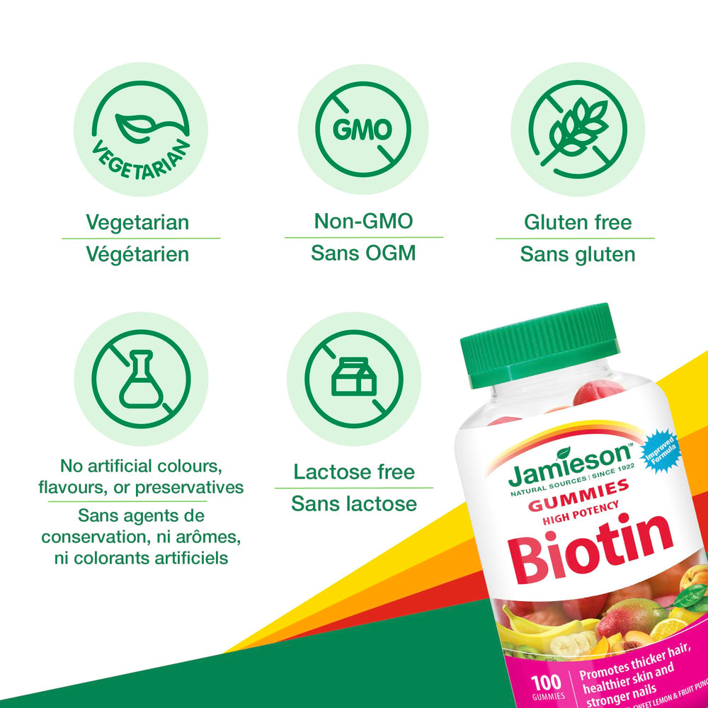 Jamieson Biotin Gummies flavor variety demonstrates all-natural mango peach, lemon, and fruit punch.