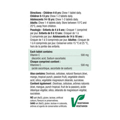 Jamieson Vitamin C Tropical Fruit tablets blister pack highlight no artificial colors or flavors.