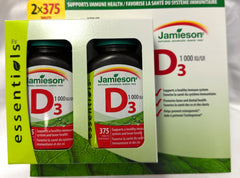 Jamieson Vitamin D3 1000 IU tablets two-pack bottle for bone support