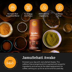 JAMUSEHATI Awake turmeric-latte powder poured for a soothing morning drink.