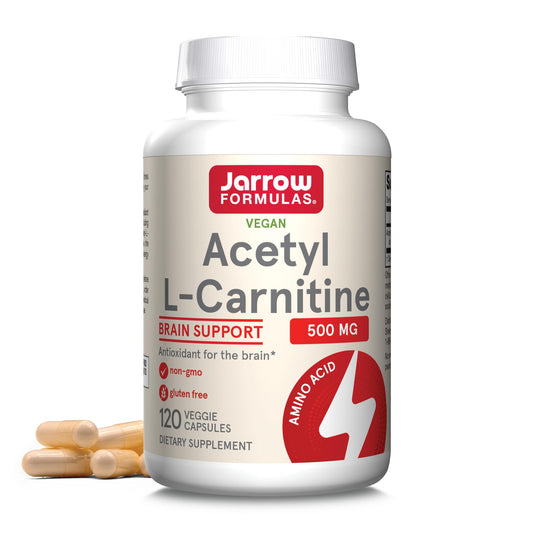 Jarrow Formulas Acetyl L-Carnitine 500mg bottle front; potential energy support.