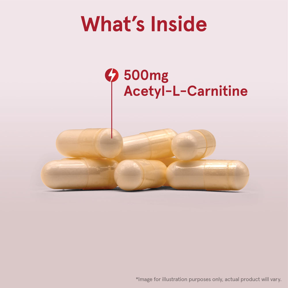 Jarrow Formulas Acetyl L-Carnitine label closeup; highlights 500 mg per capsule.