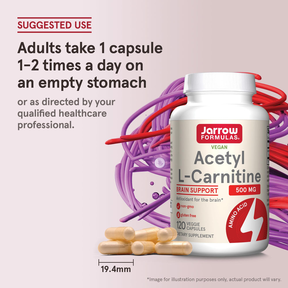 Jarrow Formulas Acetyl L-Carnitine packaging on countertop; tidy brain-support routine.